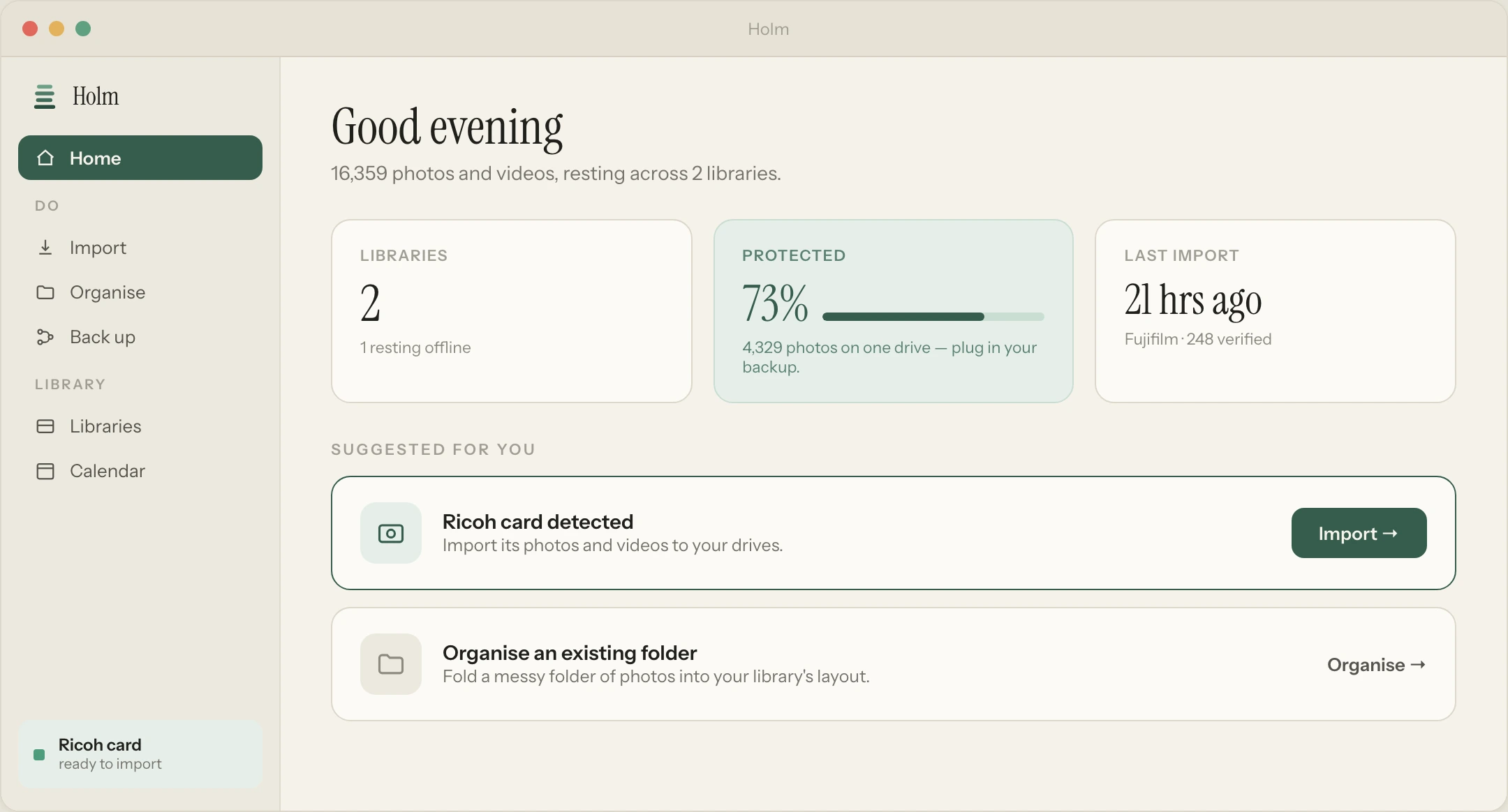 Holm Home screen: a library overview showing how much of the archive is protected on more than one drive.