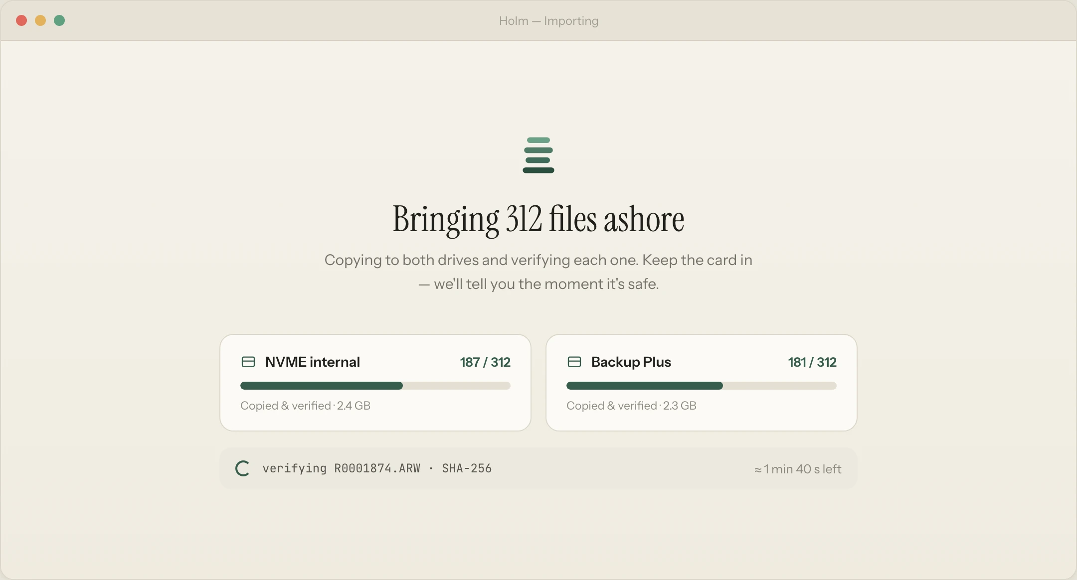 Holm Importing screen: copying to two drives and re-reading each file with a SHA-256 checksum.